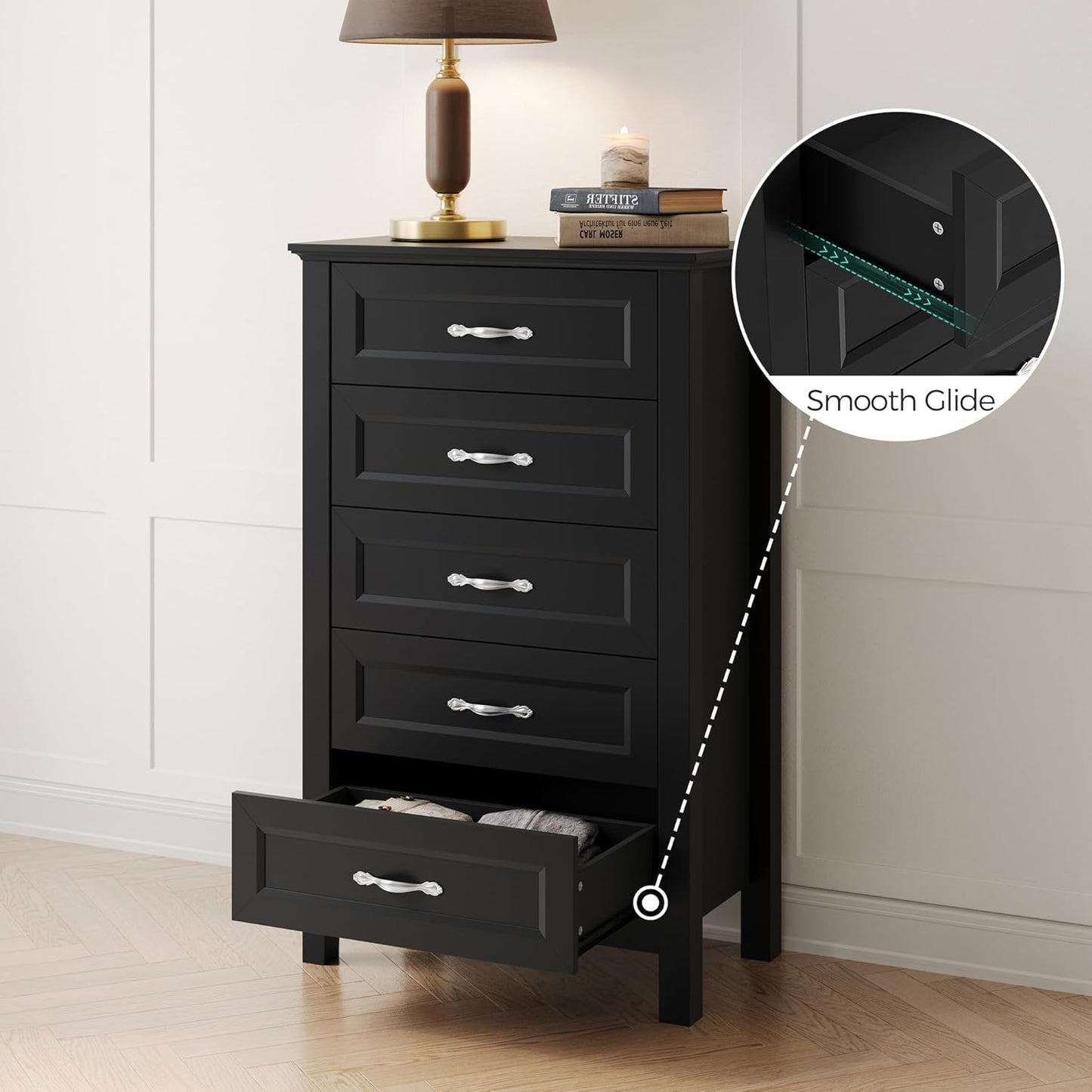 LINSY HOME Dresser for Bedroom, 5 Drawer Dresser with Metal Handles, Tall Chest of Drawers for Living Room, Entryway and Hallway, Black