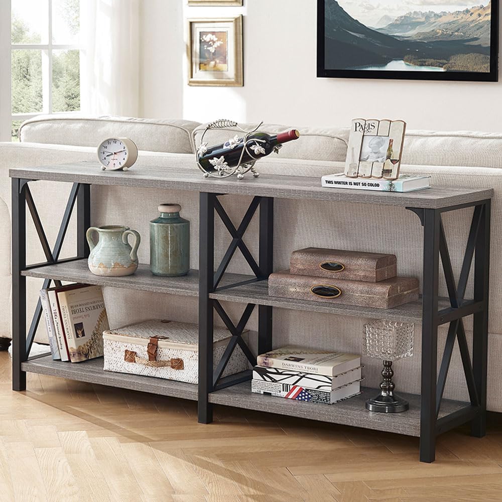 LVB Industrial Entryway Table, Farmhouse Rustic Console Table Behind Couch, Long Metal Wooden Sofa Table with Storage Shelf, Modern Foyer Hallway for Living Room Bedroom, Light Grey Oak, 63 in