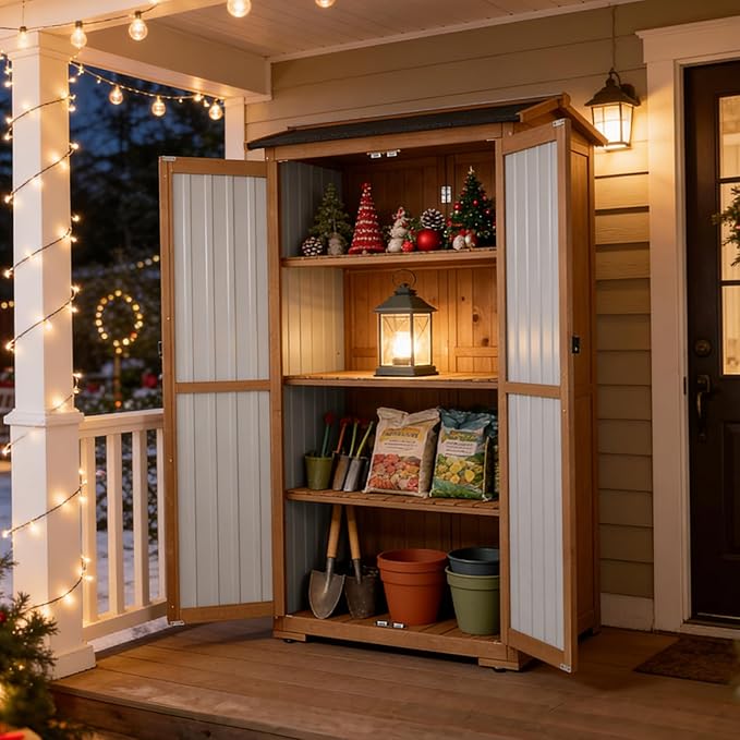 Outdoor Storage Cabinet, Wood & Metal Storage Shed with Weatherproof Roof, 3 Removable Shelves, Lockable Door, Adjustable Feet, Outside Storage Cabinet for Patio