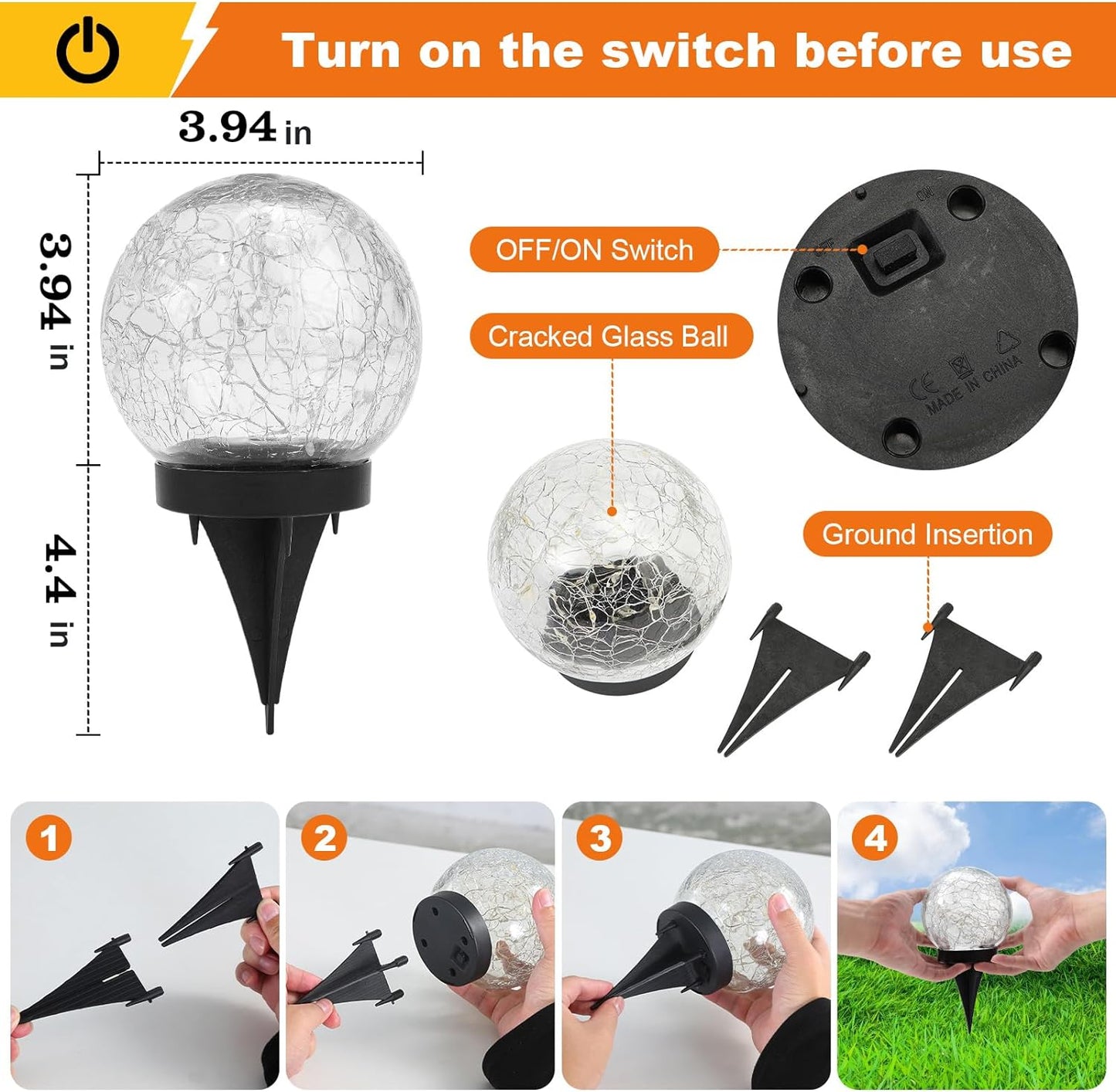 Solar Globe Lights Outdoor Waterproof-Solar Balls-Solar Garden Lights-Orbs for Outside 4 Pack Cracked Glass Ball for Lawn Patio Yard Backyard Decorations
