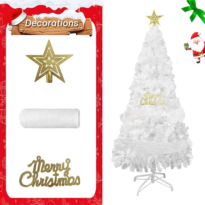 PLKO 7FT Artificial Holiday Christmas Tree，Artificial Christmas Tree Xmas Pine Tree with Stand and Soft White Branch for Holiday Indoor Outdoor,1020Tips(White)