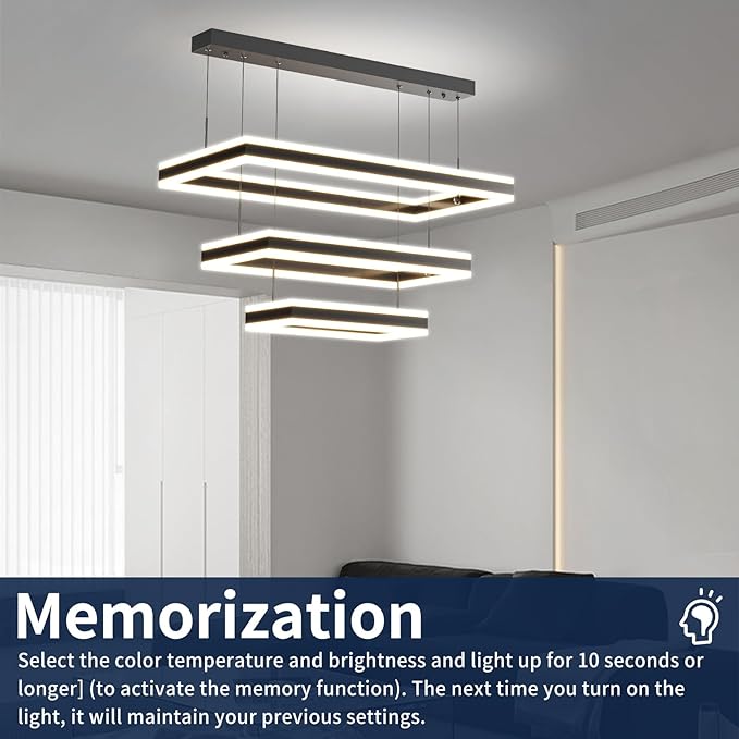 Modern Chandelier, 3 Layer Rectangle Pendant Light Fixtures, 3000K-6500K Dimmable Kitchen Island Chandelier, Adjustable Height Ceiling Hanging Led Light for Dining Room, Living Room, Foyer