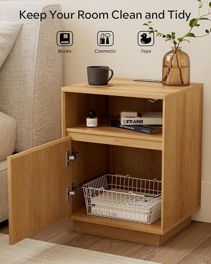 Farmhouse Night Stand Set of 2, Wood End Table with Door & Charging Station, Bedside End Tables for Bedroom, Sofa, Natural Oak