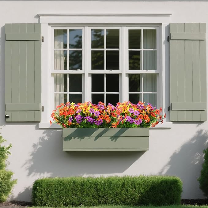 Homsunny Artificial Flowers for Outdoors Spring Home Decoration, 12 Bundles Realistic Faux Flower Daisy with Eucalyptus Stem UV Resistant Fake Plants for Patio Planter Porch Yard Window (4 Colors)