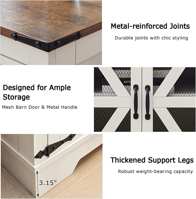 Large Farmhouse End Table Set of 2 with Charging Station and Mesh Barn Door, Rustic White Wood Nightstand with Storage Shelf for Living Room & Bedroom