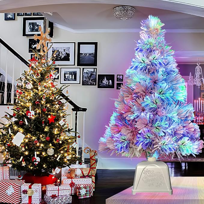 Pre lit Mini Christmas Tree, Tabletop Artificial Fiber Optic Christmas Trees with Silver Base -24 Inch (White) …
