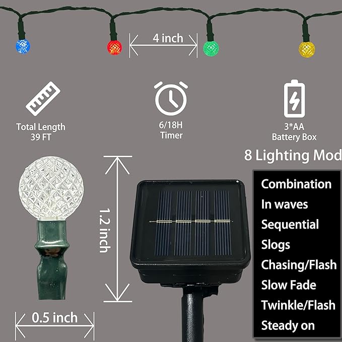 Anycosy Christmas String Lights G3, 100 LEDs Globe Solar Operated Strings Lights Multicolor 8 Modes & Timer for Xmas Tree Garden Patio Outdoor Christmas Decorations