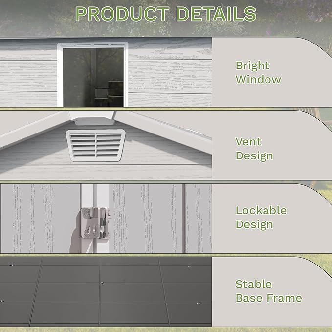 Greesum 6x4FT Plastic Outdoor Storage Shed with Floor, Resin Sheds with Lockable Double Door, All-Weather Tool Sheds with Window and Vents, for Garden, Backyard, Patio, Light Gray