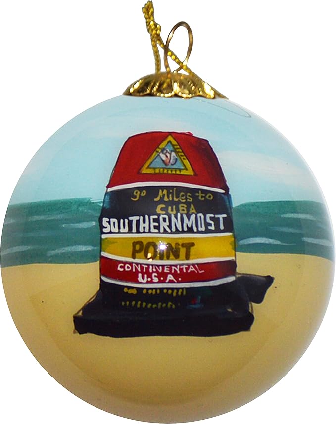 Blown Glass Christmas Ornament | Buoy & Beach Southern Most Point Key West | Hand Painted Inside | Original Art | Includes Gift Box