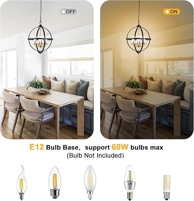 Treekee Rustic Chandelier, 14" Farmhouse Globe Orb Pendant Light, Vintage Black and Gold 3-Light E12 Adjustable Ceiling Hanging Fixture for Kitchen, Dining Room, Living Room, Bedroom, Entryway, Foyer