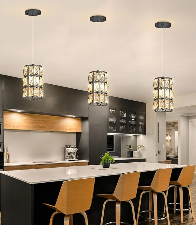 3 Pack Modern Crystal Pendant Lights for Kitchen Island LED Dimmable Glam Pendant Lighting Chandelier for Dining Room Hallway Corner Lamp Gold