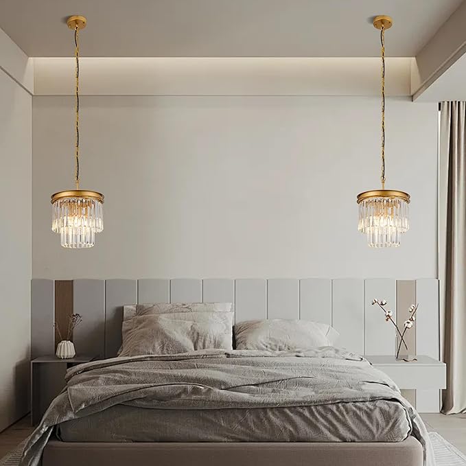 Gold Crystal Pendant Light 11.8" 3-Light Modern Round Chandelier Fixture 2-Tier Luxury Crystal Ceiling Hanging Light for Dining Room Hallway Living Room Bedroom Kitchen Island 1-Pack