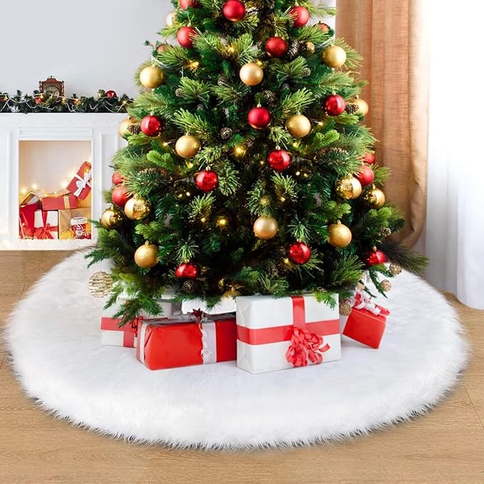 72 Inch Christmas Tree Skirt Faux Fur Snow White Luxury Plush Large Size Fluffy Home Holiday Decor Xmas Gift