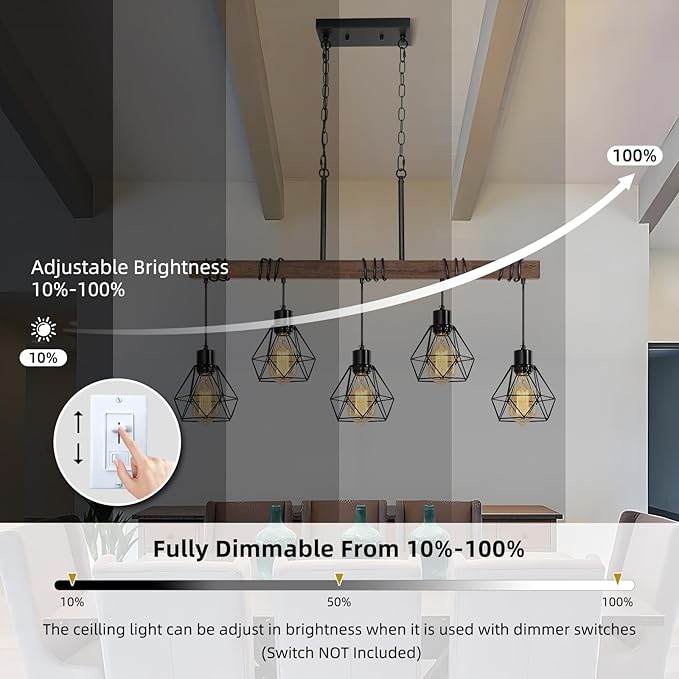5-Light Kitchen Ceiling Light Fixture - Modern Farmhouse Black Chandelier with Adjustable Height for Dining Room Over Table, Rustic Wood Linear Pendant Island Lights for Kitchen, E26 Base, UL Listed