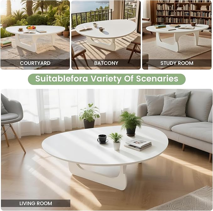Solid Wooden Modern Triangle Coffee Table: Unique Funky Coffee Tables for Living Room, Oval Mid-Century Irregular Abstract Tea Tables for Patio Office Balcony Bedroom (White, 50" L x 31" W x 16" H)