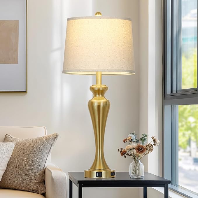30 Inch Gold Table Lamp Single, 3-Way Dimmable Touch Lamp for Nightstand with USB A+C Ports and AC Outlet, Tall Bed Side Lamps for Living Room, Modern Brass Lamps for Bedroom Side End Table
