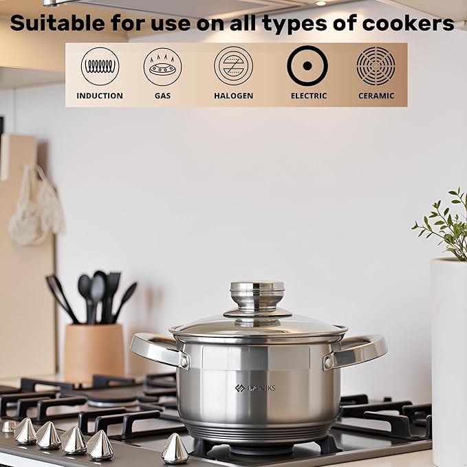 Daniks Standard 2 Quart Stainless Steel Stock Pot with Glass Lid, Try-Ply Bottom for Even Heating, Induction Compatible, Dishwasher Safe, Built-In Measuring Scale, Silver
