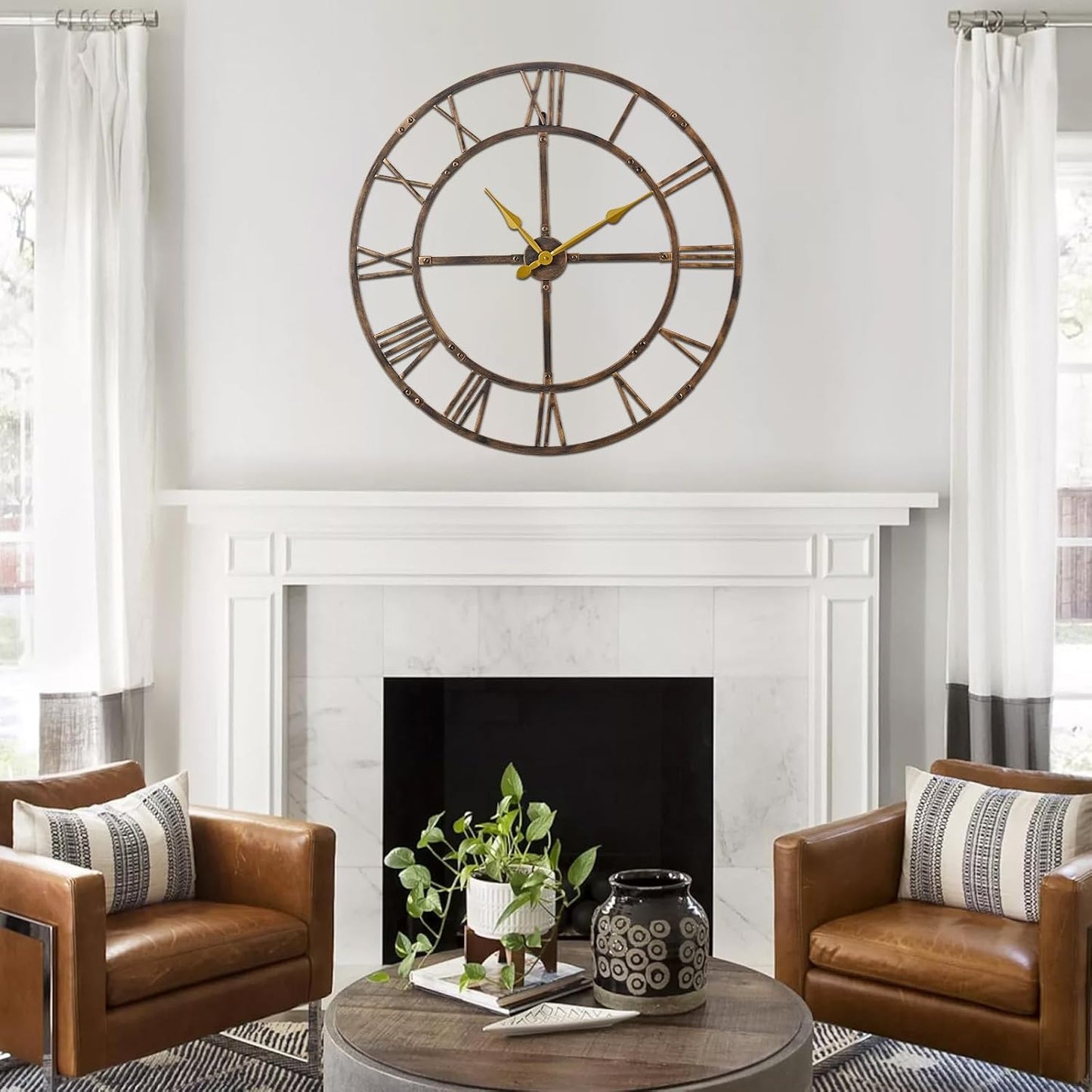 Large Wall Clock for Living Room Decor – 32 Inch Silent Non-Ticking Modern Farmhouse Wall Clock, Oversized Decorative Metal Roman Numeral Clock, Bronze