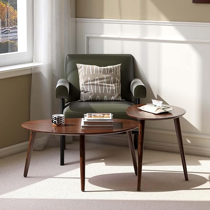 Small Oval Coffee Table, 100% Solid Wood Coffee Tables Mid Century Modern Table for Living Room, Side Table End Tables for Home (Walnut Wood Color, 25.59''x17.51''x19.68'')