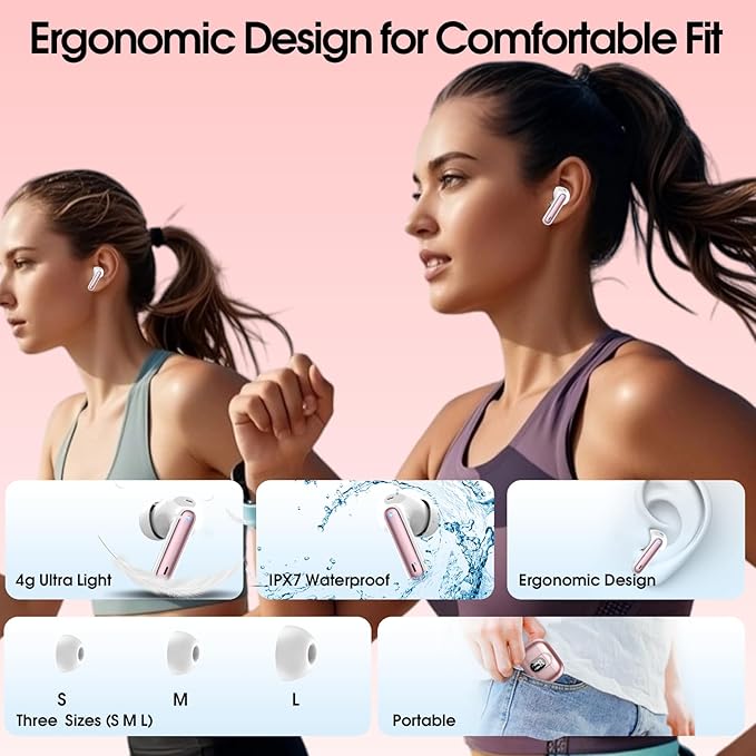 Ai Translation Earbuds Real Time, Simultaneous Interpretation Translator Earbuds with 6 Translation Modes/164 Languages, No Subscription Translatior Headphones, Rose Pink