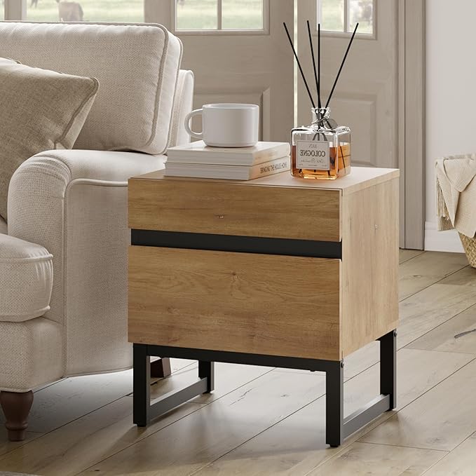 WAMPAT Modern End Table with 2 Drawers, Farmhouse Sofa Table with Black Square Iron Leg, Wood Rustic Side End Table for Living Room, Nighstand for Bedroom, Oak