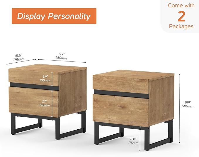 WAMPAT 2 Piece Modern End Table with 2 Drawers, Farmhouse Sofa Table, Wooden Rustic Side Sofa Table Metal Leg for Living Room, Nighstand for Bedroom, Oak