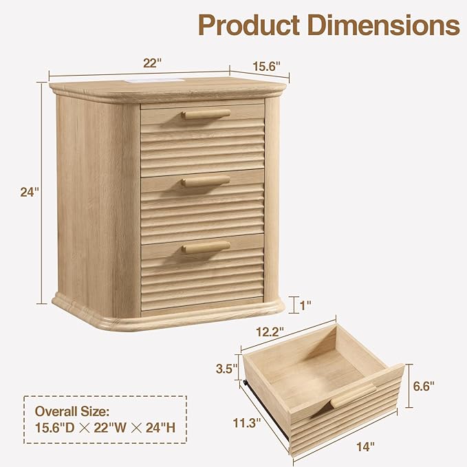Okvnbjk 22" Wide Fluted Nightstand with Charging Station, Modern End Table for Living Room, Bedroom, Home Office, Wood Curved 3 Drawer Dresser, Large Bedside Tables, Oak