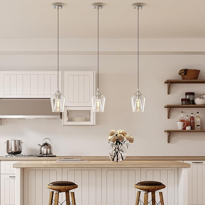 VONLUCE Pendant Lights Kitchen Island, Brushed Nickel Pendant Lighting for Kitchen Island with Hanging Cord for Bedroom & Hallway, Kitchen Island Lighting with Clear Glass Shade