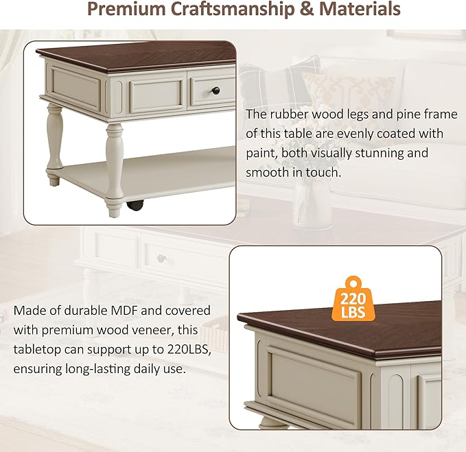 Polibi Coffee Table with Large Storage Drawer, Retro Movable Rectangular Cocktail Table with 4 Caster Wheels for Livingroom, Easy Assembly (Walnut+White)