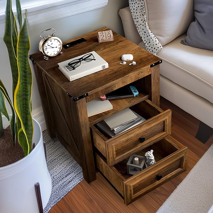 MUUEGM Farmhouse End Table with Charging Station, Side Table for Living Room, Sofa Side Table with Drawers and Storage Cabinet, Night Stand for Bedroom, Brown, Set of 2