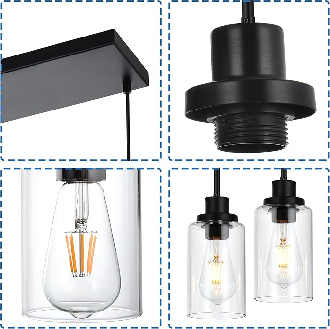 MELUCEE Black Pendant Lights for Kitchen Island, 5-Light Dining Room Light Fixtures Linear Chandeliers with Clear Glass Shade, DIY Hanging Lamp Ceiling for Dining Room Kitchen Bar