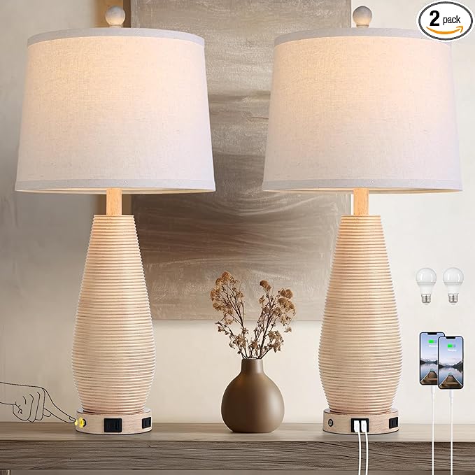 Farmhouse Table Lamps Set of 2 with USB C+A Ports and AC Outlet, 3 Way Touch Rustic Bedside Lamps for Living Room, 26.5" Cream Vintage Lamps for Bedroom Nightstand