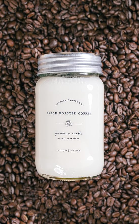 Antique Candle Co.® Fresh Roasted Coffee 16 Ounce Soy Wax Candle, 80 Hour Burn Time, Cotton Wick, Mason Jar Candle (Fresh Roasted Coffee)