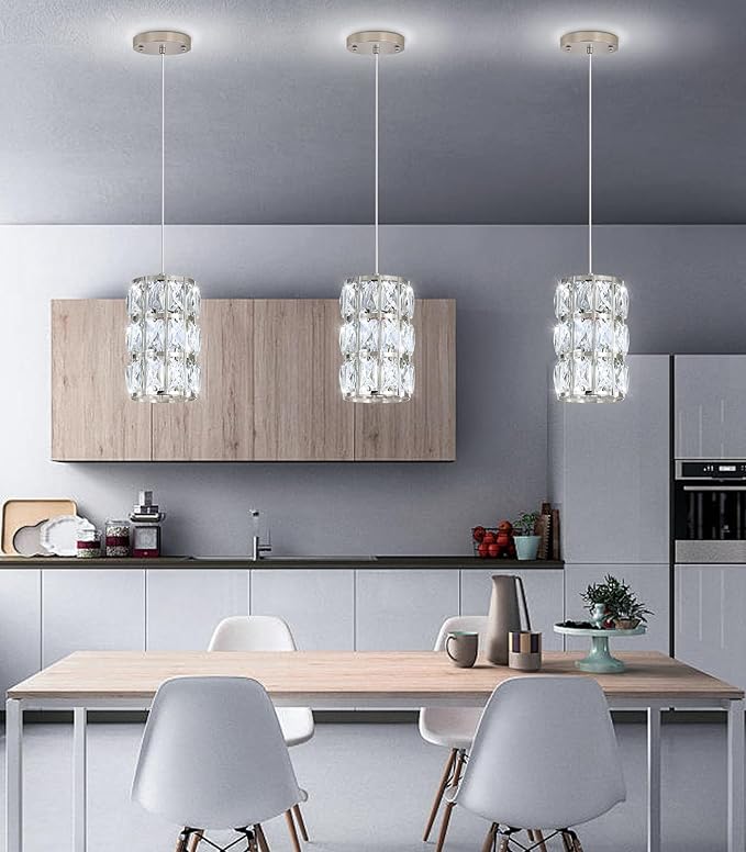 3 Pack Modern Crystal Pendant Lights for Kitchen Island LED Dimmable Glam Pendant Lighting Chandelier for Dining Room Hallway Corner Lamp Nickel