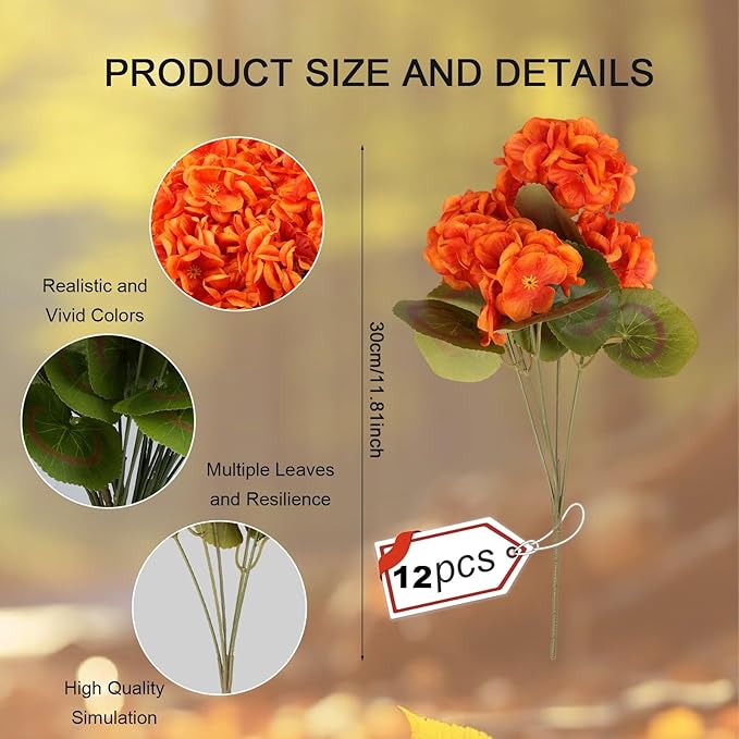 6 Bundles Silk Geraniums Artificial Flowers for Outdoors, UV Resistant Faux Plants Realistic for Garden Patio Porch Window Box Home Indoor Outdoor Decor (12, Orange-red)