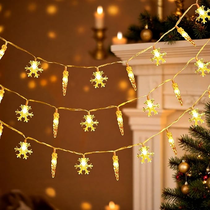 Christmas Icicle Light，19.6ft 40 LED Warm White Icicle Snowflake String Lights Indoor, Hanging Icicle Christmas Lights for Eave Holiday Garden Indoor Outdoor Xmas Decorations