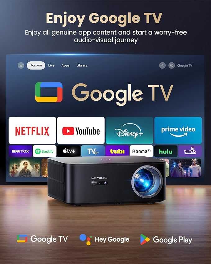 【1200 ANSI/Google TV/4K Supported 】Smart Projector with WiFi & Bluetooth, Outdoor & Home Movie Projectors with Voice Control,Auto Focus & Keystone,Compatible with Netflix Proyector WiMiUS K13 Black