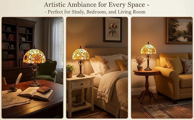 Tiffany Lamp Stained Glass 3 Way Table Lamp,Yellow Sunflower Bedside Table Lamp LED E26 Bulb, for Bedroom Living Room,Included 3 Way LED Bulb