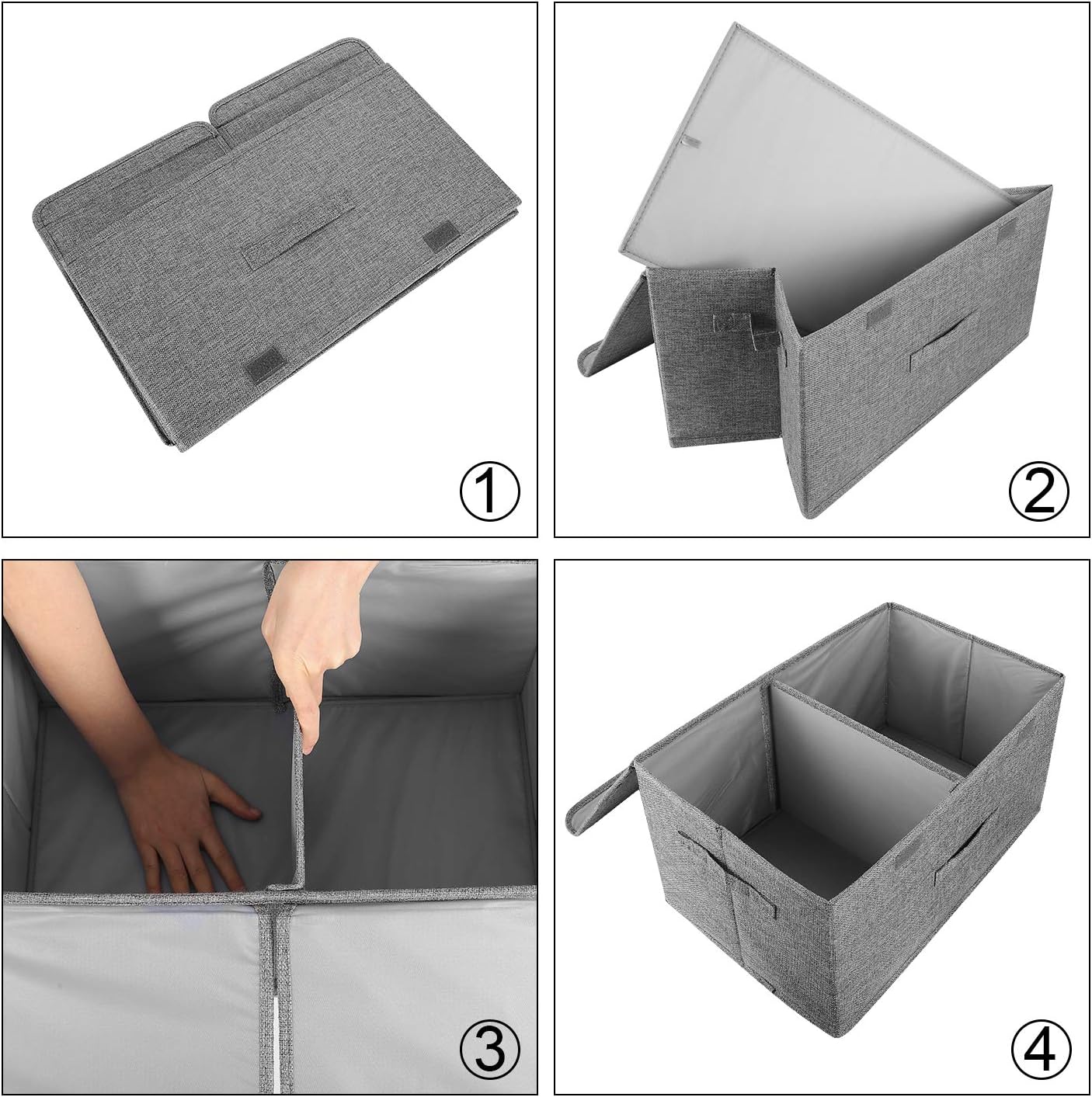 2 Pack Storage Boxes with Lids and Handles, Collapsible Linen Storage Bins Organizer Containers Baskets Cube with Removable Divider for Home Bedroom Closet Office (Grey, Small)