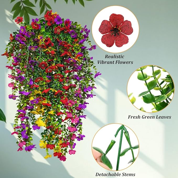 EROCK Artificial Flowers for Outdoors, 4PCS Fake Silk Hanging Flowers for Decoration UV & Fading Resistant, Realistic Faux Plants & Flowers for Porch Patio Balcony Window Box Home Decor (Mix Colors)