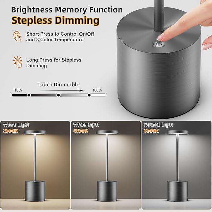 Cordless Table Lamps Rechargeable - Outdoor Waterproof LED Table Light Portable 5000mAh Battery Operated Lamp 3 Color Stepless Dimming with Memory Function for Restaurant Dining Patio Grey