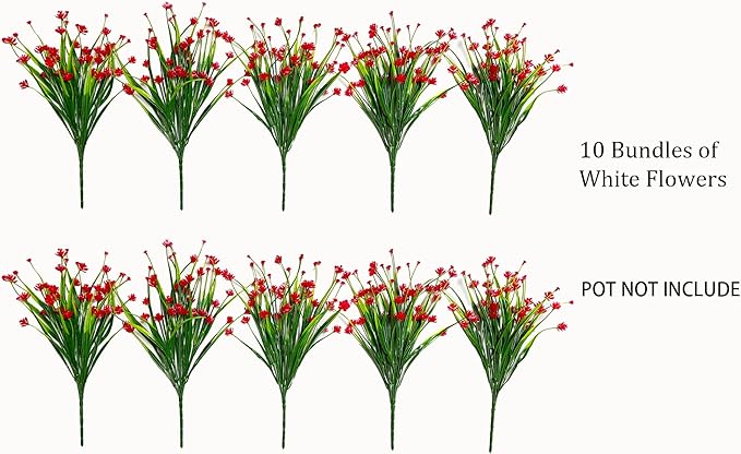 Fake Flowers 10 Bundles Faux Outdoor Plastic Flowers No Fade Artificial Red Shrubs Plants for Hanging Planters Window Box Spring Summer