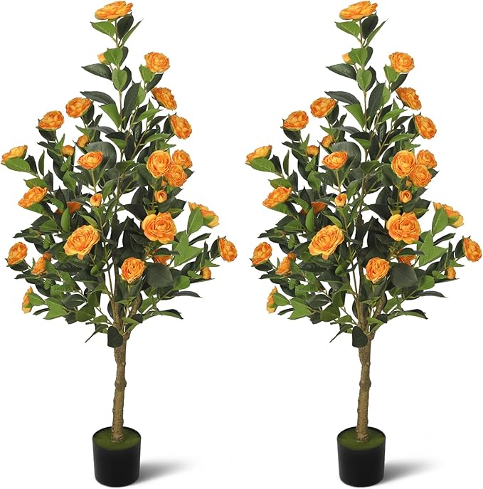 2-Pack 4FT Artificial Camellia Tree,Realistic Fake Potted Plants with Flowers&Planters,Indoor/Outdoor Faux Flowering Trees for Home,Office,Porch,Wedding,and Housewarming Gift Decor,Orange