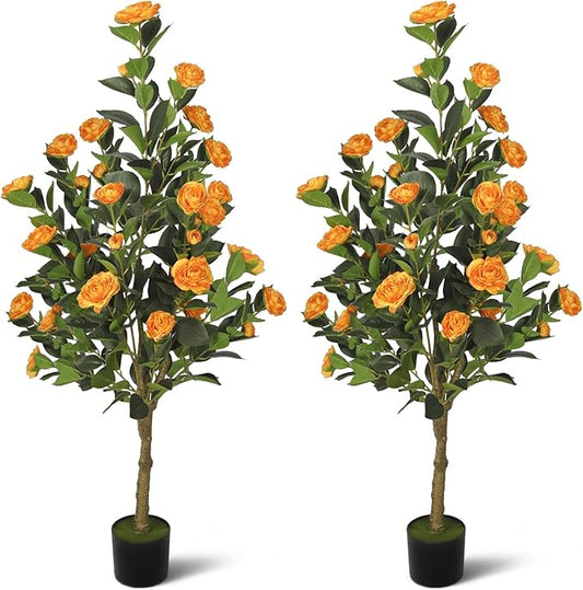 2-Pack 4FT Artificial Camellia Tree,Realistic Fake Potted Plants with Flowers&Planters,Indoor/Outdoor Faux Flowering Trees for Home,Office,Porch,Wedding,and Housewarming Gift Decor,Orange