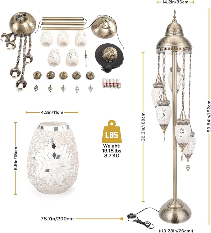 Turkish Floor Lamp, 154CM Moroccan Bohemian Style Living Room Decor, Handcrafted Mosaic Metal Base, Includes 5 Olive Shape Lampshades (XGL Floor-03)