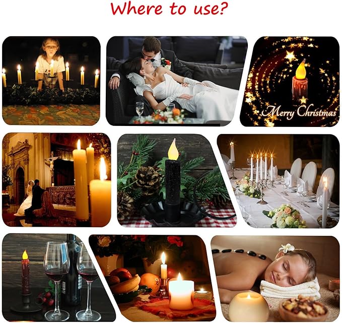 CVHOMEDECO. Glitter Flameless Candles Flickering Battery Operated LED Taper Candles with Timer for Home, Wedding, Halloween, Christmas Decor. Black, 4-3/4 Inch, Set of 2