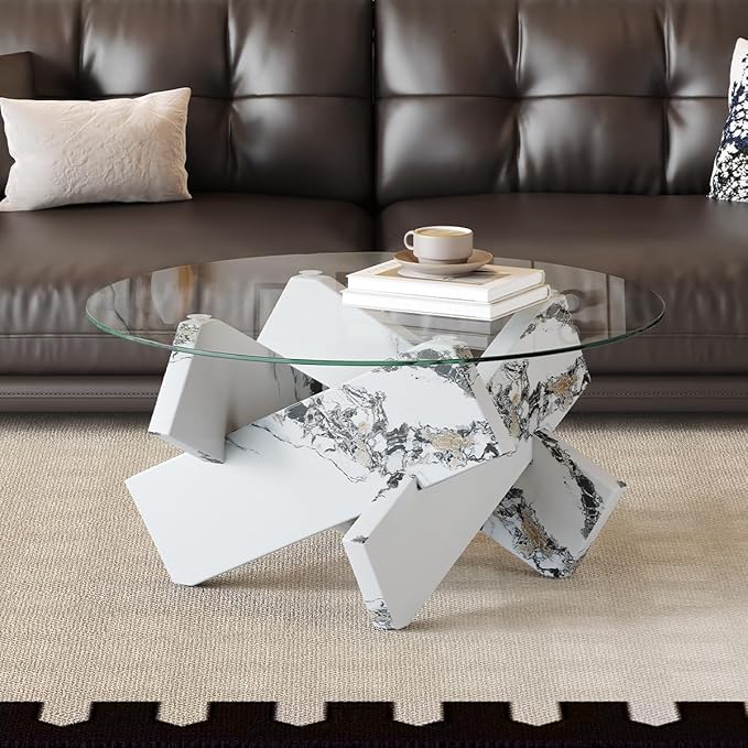 White Round Glass Coffee Table,33-Inch Coffee Tables for Living Room Clear Circle Accent Table Adapts to Farmhouse and Contemporary Decor