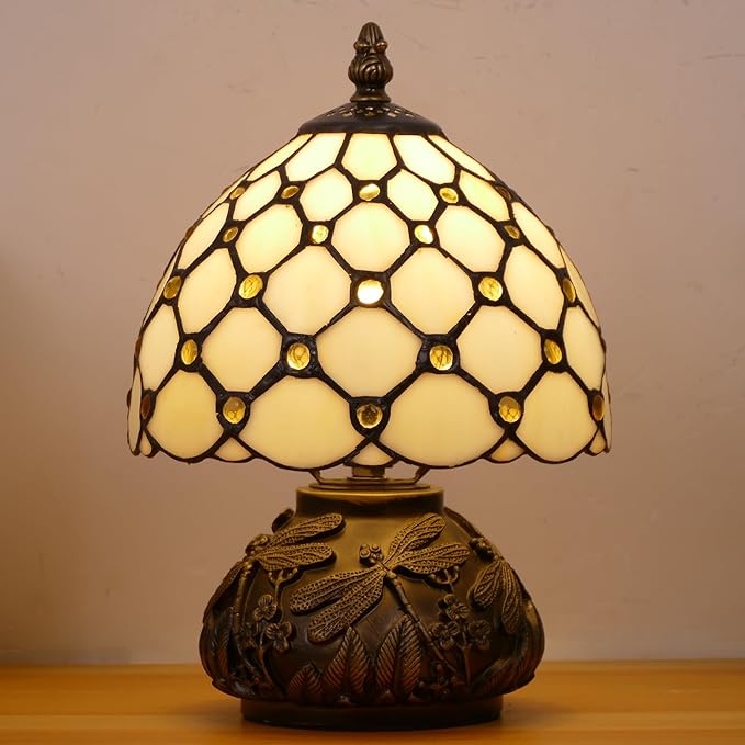 Small Tiffany Lamp Mini Stained Glass Table Lamp Cream Amber Pearl Style Mushroom Memory Sympathy Lamp 8X11 Inch