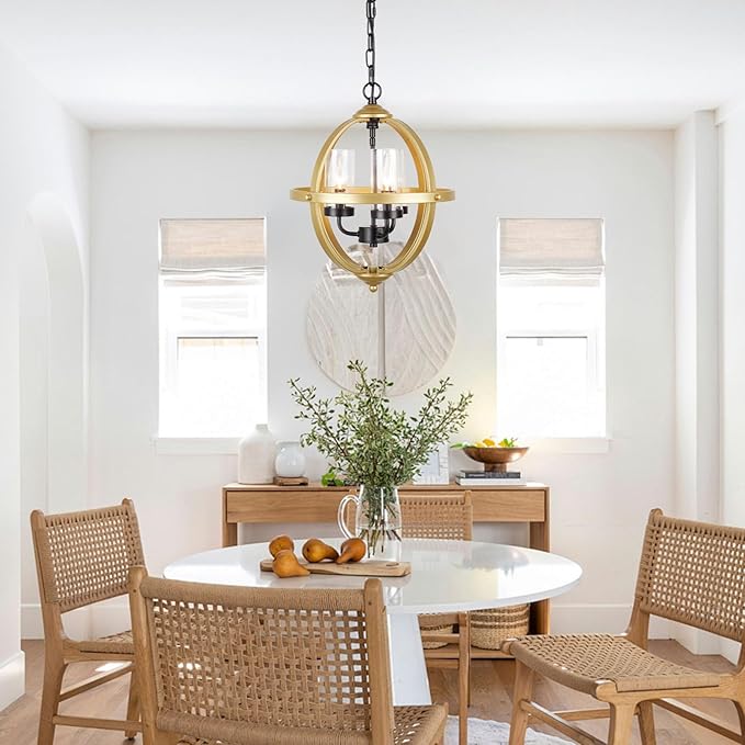 Treekee Rustic Chandelier, 14" Gold Glass Cover Luxurious Hanging Light, 3-Light Globe Vintage Pendant Ceiling Light Fixtures for Living Room Entryway Dining Room