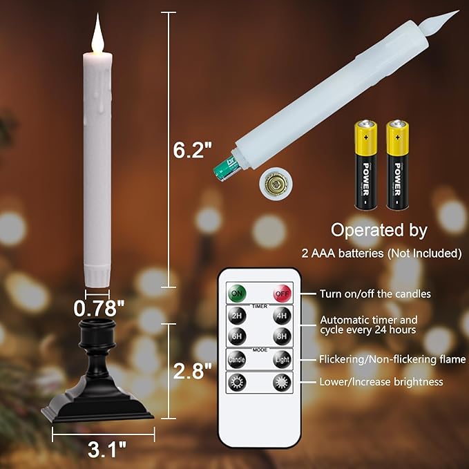 Christmas LED Taper Candles with Remote Timer, White Battery Operated Candle with Black Plastic Base, 9 Inch Tall Flameless CandleSticks for Home Christmas Decorations(4 Pack)